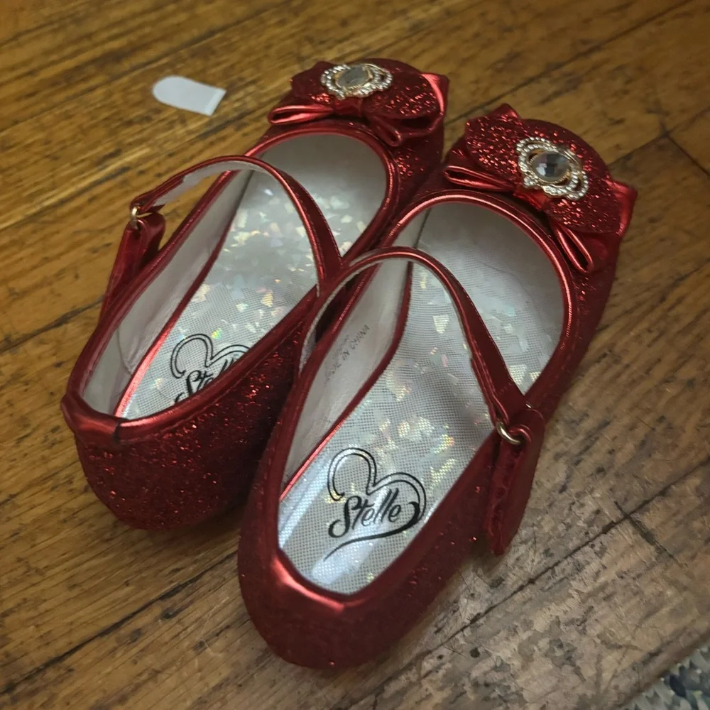 Red Glitter Princess Mary Jane Shoes with Jeweled Crowns & Bows